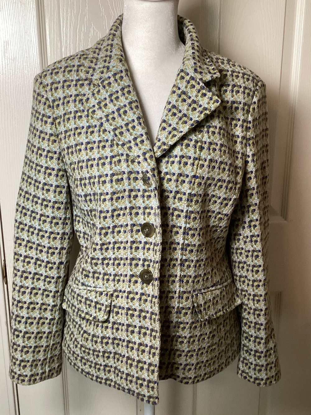 Talbots Tweed Button-Front Wool Blend Jacket in Light Green Pattern -Size 6P